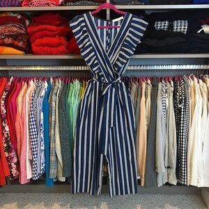 Blue Lemon navy/white striped sleeveless tie front cropped jumpsuit size S NWT